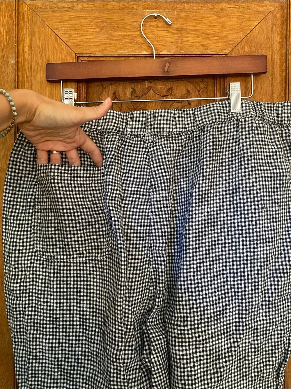 QUINCE 100% linen gingham trouser pant XL black white elastic waist pockets